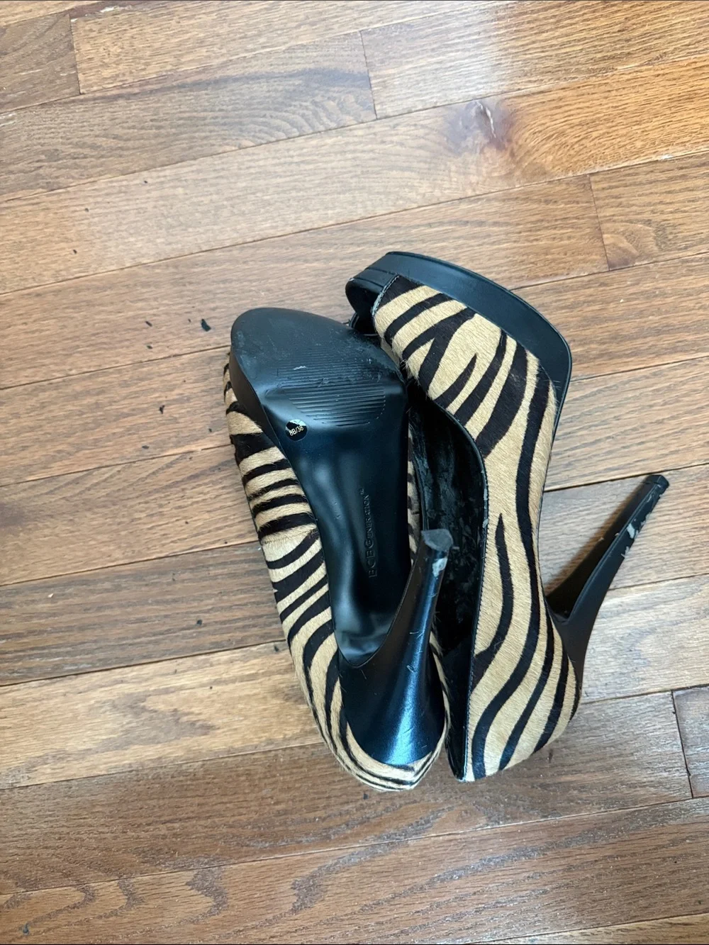 BCBGeneration Zebra-Print Peep-Toe Heels in Tan and Black